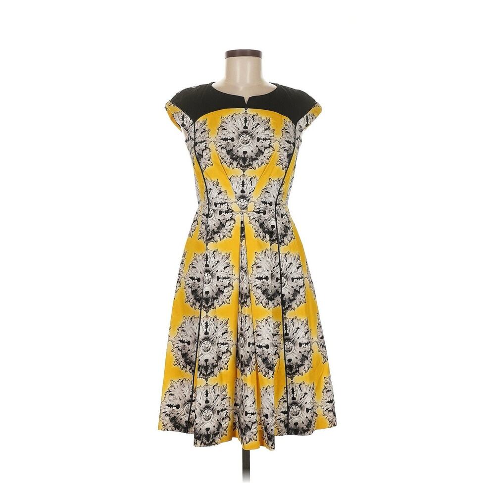 Mantu Yellow Black Print Classic Cotton Blend Dress 40 US 8